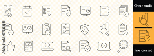 Check Audit line icons set with editable stroke, featuring cupboard, target, send message, auditor, consent, revision, riview, audit money, checking, audit, tick