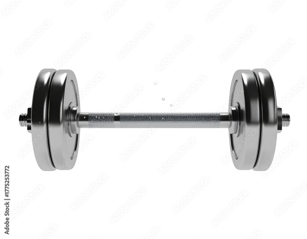 Obraz premium Metal dumbbell weights photo on plain white background, clean minimalist style, balanced studio lighting, high resolution stock photography for home workout and personal training