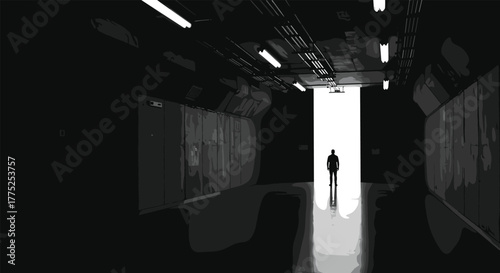 Industrial corridor, silhouette figure, dramatic lighting, mystery atmosphere, reflective floor, urban architecture, solitary person, cinematic hallway, moody shadows, exit light