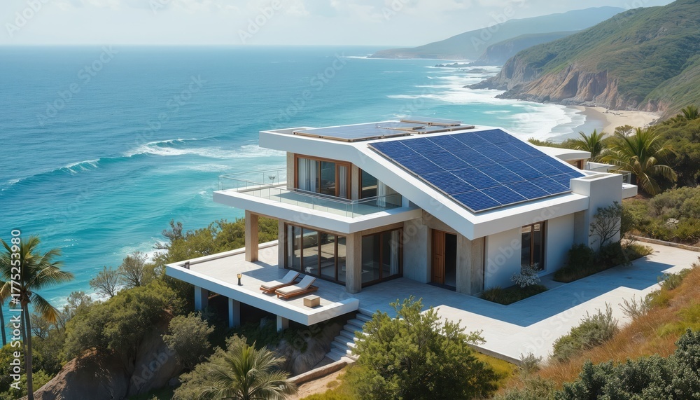 Fototapeta premium Modern luxury house sits on cliff overlooking vast blue ocean with waves. Solar panels cover roof, providing green energy. Green hills, sandy beach, palm trees surround eco friendly home. Offers