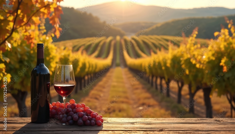 Fototapeta premium Bottle of red wine, glass with fresh grapes rest on rustic wooden table. Long vineyard rows glow golden, stretching towards beautiful sunset in background. Autumn scene captures grape harvest time in