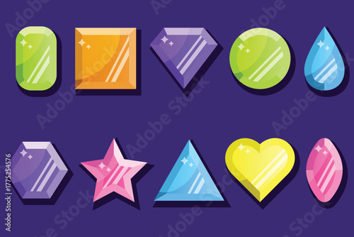 Vector illustration of a set of gemstones of various shapes. Heart, circle, rhombus, star, triangle, square, drop.