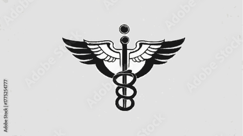 Caduceus symbol, a medical icon with wings and snakes, representing pharmacy, healthcare, and medicine on a white background