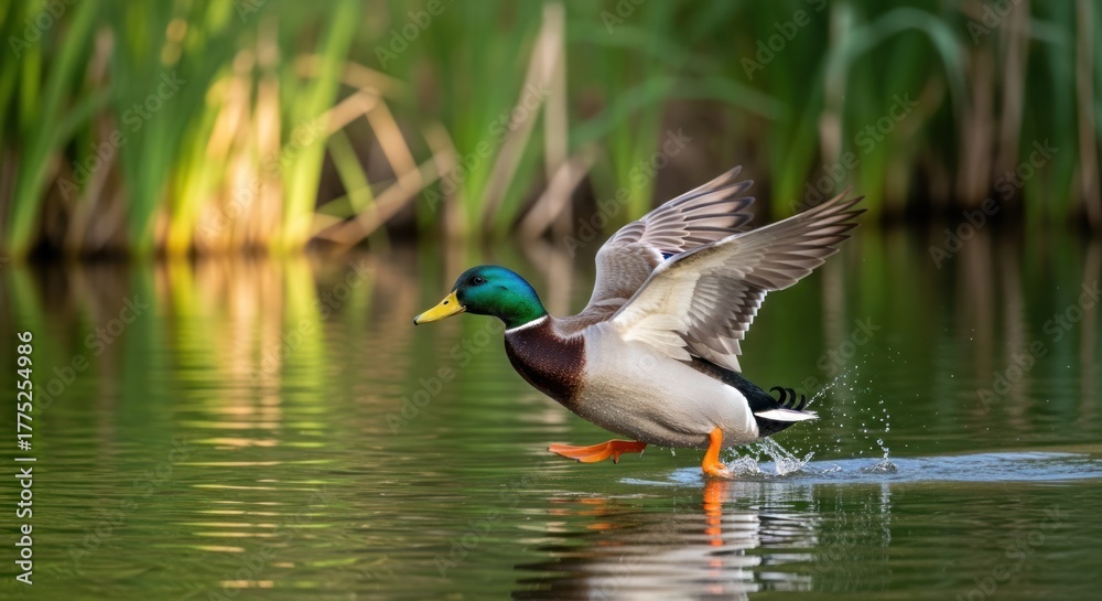 Obraz premium Mallard Duck Taking Flight, Wings Spread, Water Splash, Nature's Beauty.