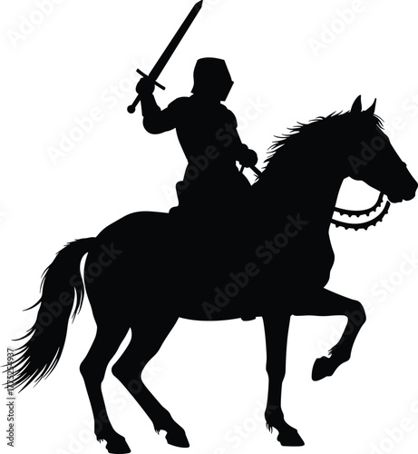 Knight silhouette, horse rider with sword, medieval warrior, battle motion, heroic pose, black illustration, historical combat, white background, flowing mane