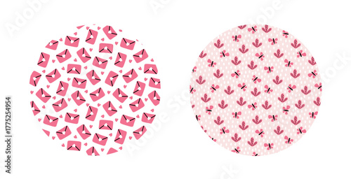 2 round backgrounds. Valentine's Day, Lovers' Day. Romantic pink background. Flat vector design. Heart letter, butterfly, pink plants.