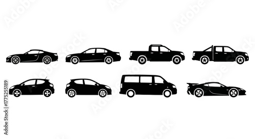 Collection of various black car silhouettes, including sedans, trucks, and a van, on a white background.