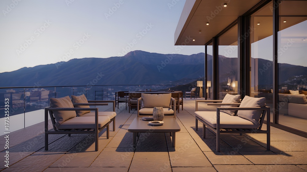 Fototapeta premium Mountain View Balcony with Modern Furniture
