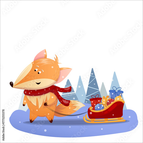 A cute vector illustration of a fox carrying New Year's gifts on a sleigh. Christmas, New Year, fox, gifts
