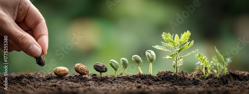 A hand planting seeds in the soil, with each seed sprouting into young plants representing growth and vitality. the background is blurred to focus on the vibrant greenery of emerging plants against.