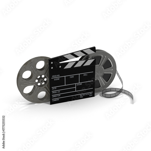 Movie film reels and clapperboard for film production concept