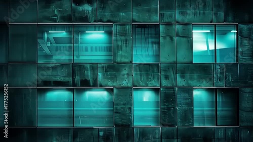Abstract Architectural Facade with Illuminated Windows and Textured Walls at Night