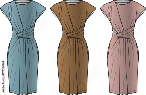 Fashion illustration of women's midi dresses with a draped waist and short sleeves in blue, brown, and pink, ideal for contemporary apparel design