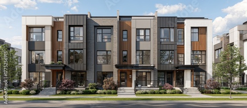 Modern townhouse complex with varying facade materials under a blue sky, with landscaping