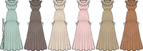 Sophisticated women's formal gowns. This elegant collection displays a single, timeless dress style in various subtle color tones, featuring delicate bodice and waist embellishments