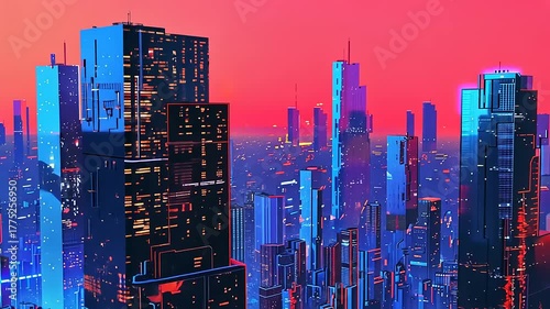 Futuristic Cityscape at Night: Neon Lights and Skyscrapers in a Digital Metropolis
