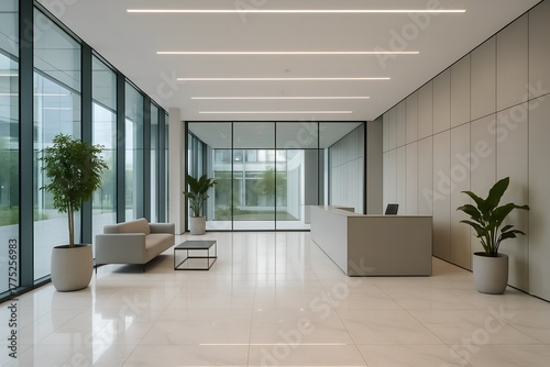 Modern Office Reception Area with Natural Light and Minimalist Design for a Welcoming and Serene Workspace