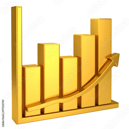Gleaming gold bar graph with an upward trending arrow on a solid black background