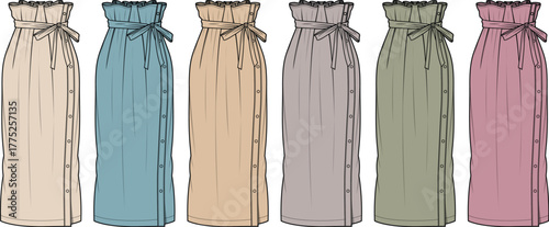 Feminine apparel collection featuring a high-waisted paperbag skirt with side buttons and a tie belt. Technical fashion flat illustration set