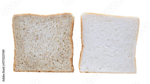 Whole wheat bread and white bread slice comparison on white background