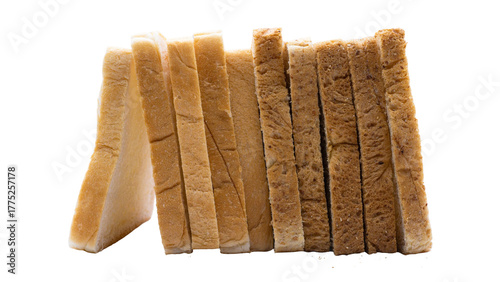 Slices of white and whole wheat bread arranged in a row on white background