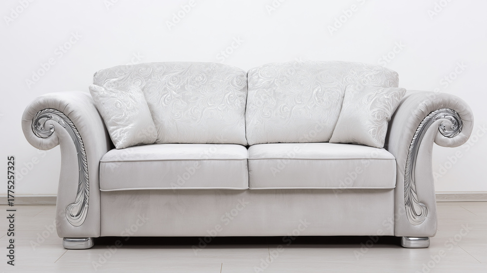 Fototapeta premium residential. A modern gray sofa against a white wall, embodying contemporary interior design and comfort. real-estate listings.