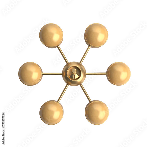 Metallic gold six-sphere network connected to a central figure symbol