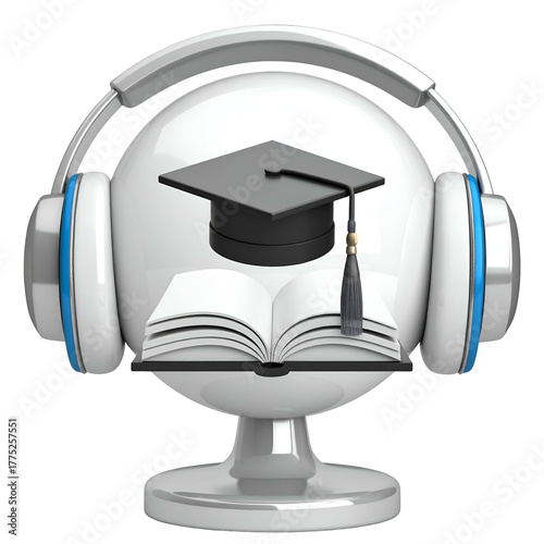 Sphere with headphones, book, mortarboard, a 3D-rendered educational symbol