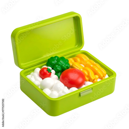 Small green lunchbox open, filled with toy-like food rice, broccoli, tomatoes, pasta