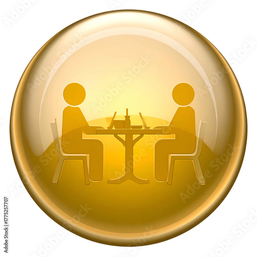 Two figures sit at a table with laptops inside a golden orb