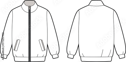 Bomber jacket technical flat sketch, unisex outerwear design front and back view, casual zip up jacket template, fashion illustration