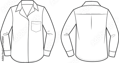 Classic button up shirt technical flat sketch, long sleeve collar shirt design, front and back view, fashion garment illustration template