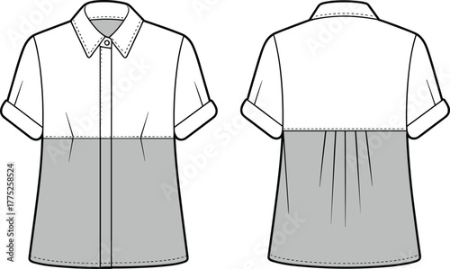 Color block short sleeve shirt technical flat sketch, casual women fashion design, front and back view, apparel garment illustration template
