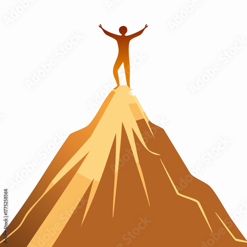 Man Stands Victorious on Mountain Peak Reaching for Success.