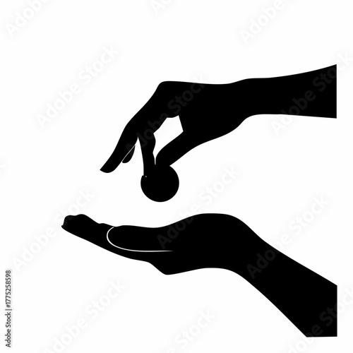 Hands silhouette with coin, giving and receiving, black and white.
