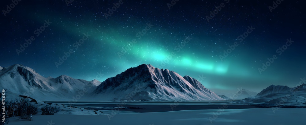 Fototapeta premium The northern lights dancing above a frosty snowy scene after dark