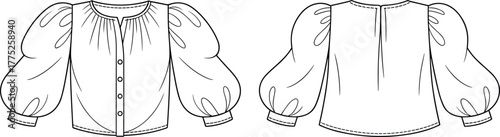 Fashion puff sleeve blouse technical flat, trendy women top design, sewing pattern illustration, garment sketch front and back view, apparel design