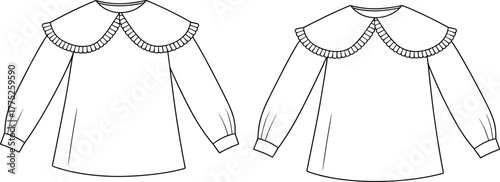 Long sleeve blouse technical flat, ruffle collar fashion top illustration, garment design sketch, apparel template, stylish clothing vector drawing