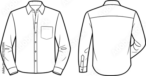 Long sleeve collared button down shirt technical flat sketch, front and back view illustration, apparel fashion template, garment outline vector drawing
