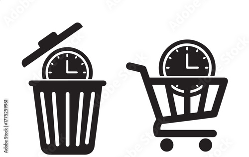 Clock in trash can and shopping cart time management concept silhouette on transparent background