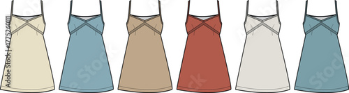 Collection of women's A-line slip dresses with spaghetti straps, a technical flat fashion illustration set in various colors