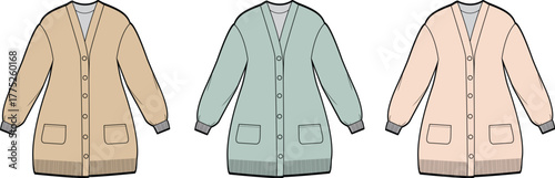 Set of long sleeve V-neck cardigan sweaters in three pastel colors. Vector illustration for fashion design, technical flat sketch, and apparel template