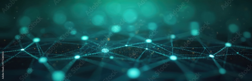 Obraz premium Abstract digital tech network illustration. Interconnected nodes form geometric pattern. Blue green dots linked. Perfect background for presentation about digital innovations data solutions, software