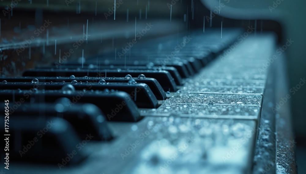 Obraz premium Close up view piano keyboard with raindrops. Rain falls on musical keys. Wet instrument with water drops. Concept of melancholy music in rainy day. Dramatic piano song outside.
