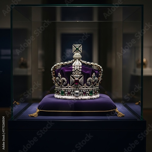 The Imperial State Crown of the United Kingdom displayed in a museum case.