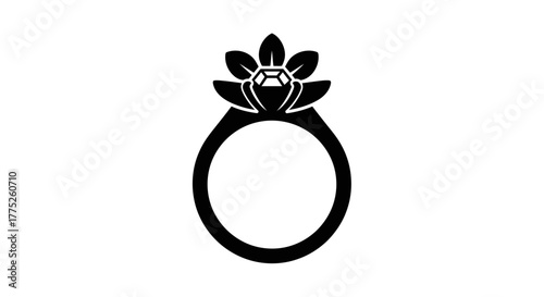 A simple black and white illustration of a ring with a floral design