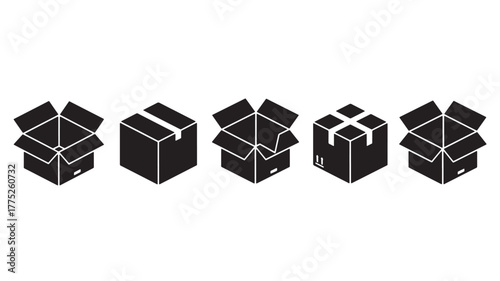 Five black cardboard boxes in various states on transparent background silhouette