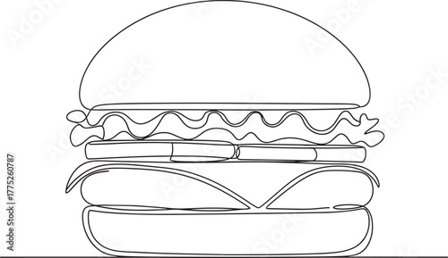 Simple line drawing of a classic hamburger with toppings on a white background