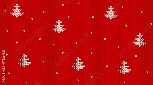 Cute seamless 4K loop animation of knitted red background with falling snow and white Christmas trees. Cozy winter textile motion backdrop for holiday greeting, wrapping paper, and festive design