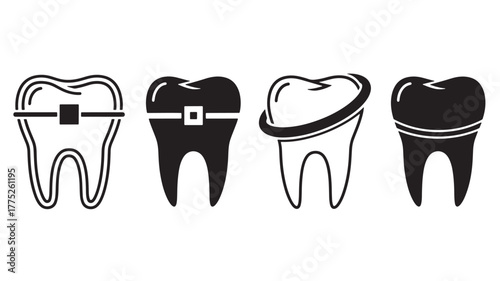 Four dental icons with braces and a missing tooth on transparent background silhouette